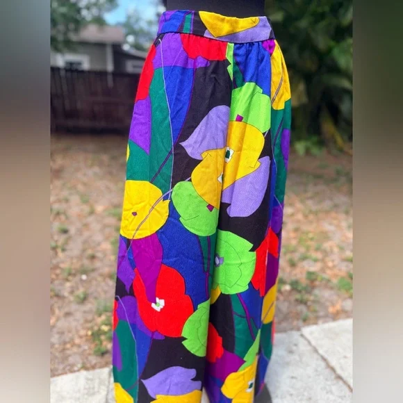 1960s 70s Handmade Day Flo Floral Barkcloth Palazzo Pants - Picture 4 of 13